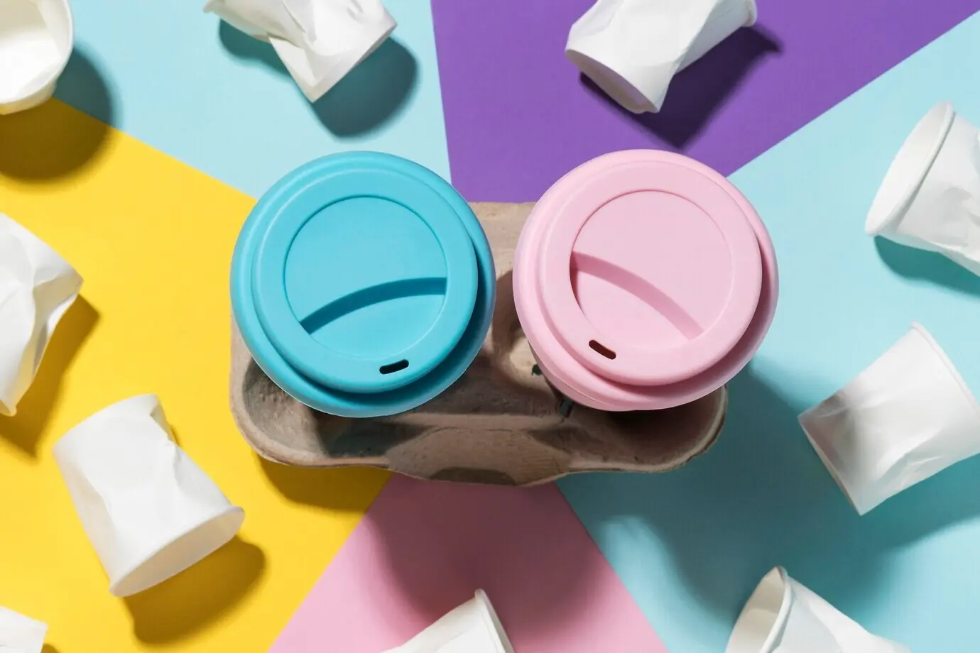 Vasos reutilizables de colores junto con vasos de plástico